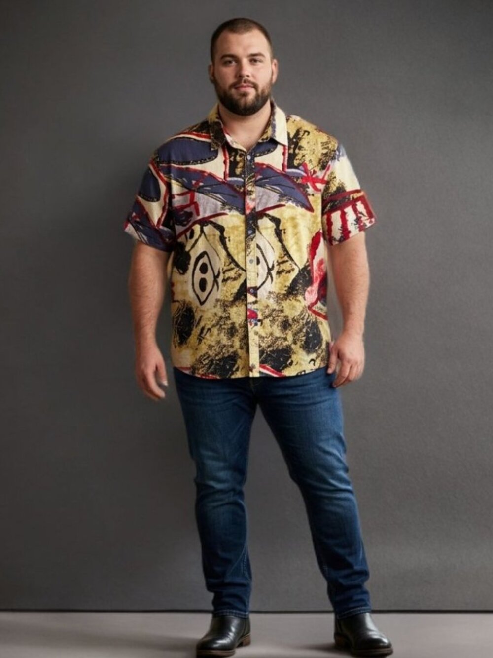 Vintage Men Abstract Graphic Button-Up Shirt Retro Art Print Lightweight Plu 3XL